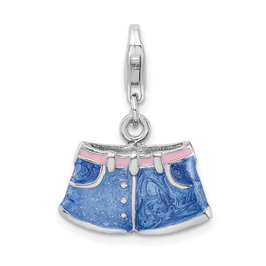 Sterling Silver Amore La Vita Rhodium-Plated Polished 3-D Enameled Blue Jean Shorts Charm With Fancy Lobster Clasp
