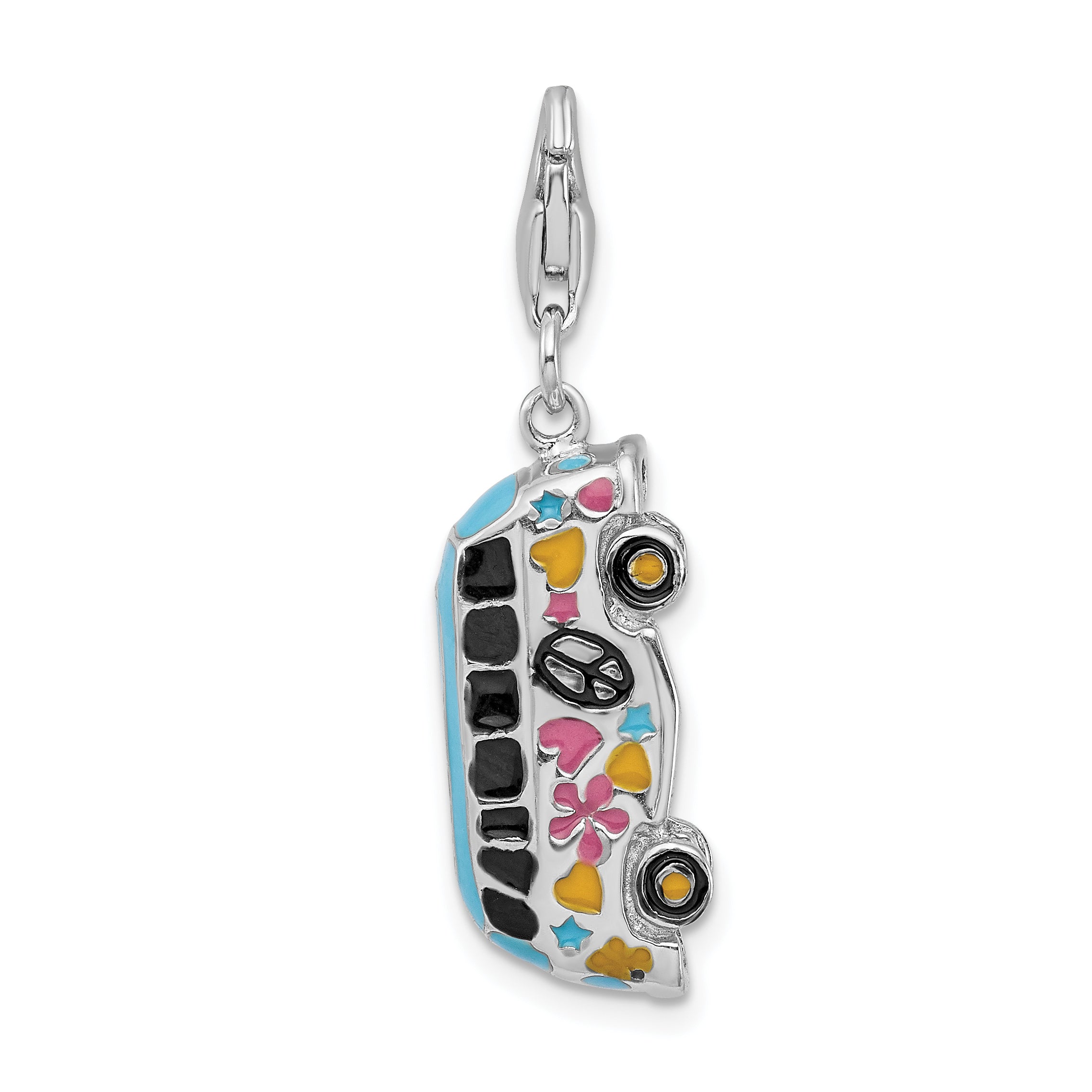 Sterling Silver Amore La Vita Rhodium-Plated Polished 3-D Enameled Hippie Bus Charm With Fancy Lobster Clasp