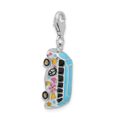Sterling Silver Amore La Vita Rhodium-Plated Polished 3-D Enameled Hippie Bus Charm With Fancy Lobster Clasp