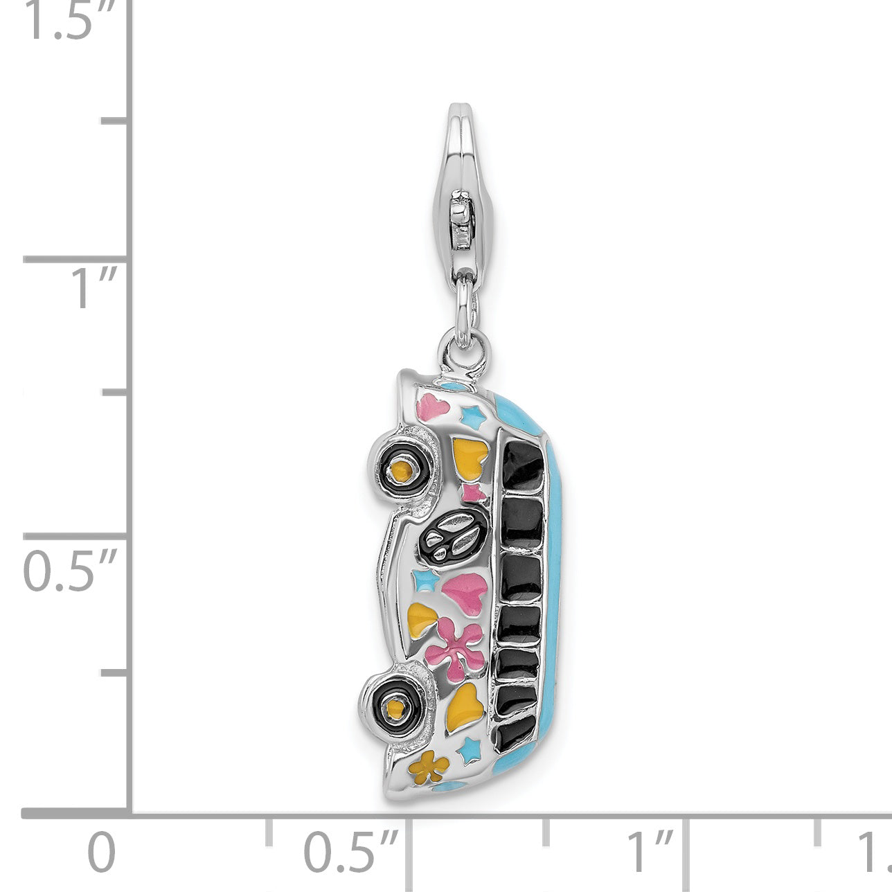Sterling Silver Amore La Vita Rhodium-Plated Polished 3-D Enameled Hippie Bus Charm With Fancy Lobster Clasp
