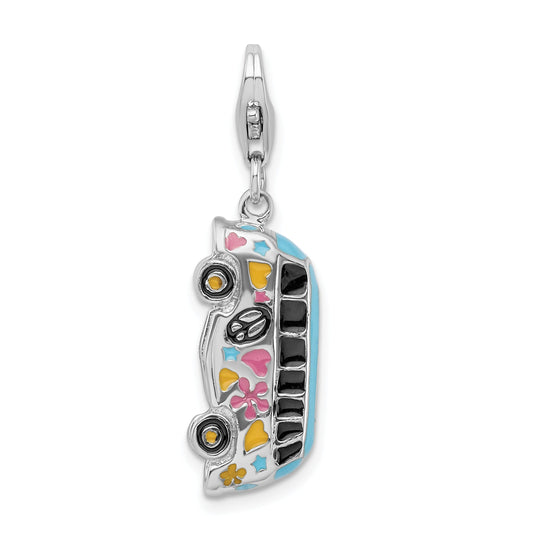 Sterling Silver Amore La Vita Rhodium-Plated Polished 3-D Enameled Hippie Bus Charm With Fancy Lobster Clasp