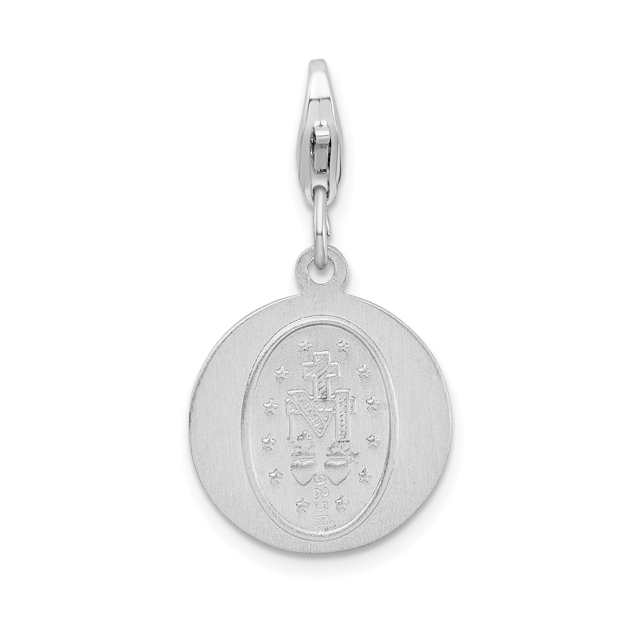 Sterling Silver Amore La Vita Rhodium-Plated Polished Miraculous Medal Charm With Fancy Lobster Clasp