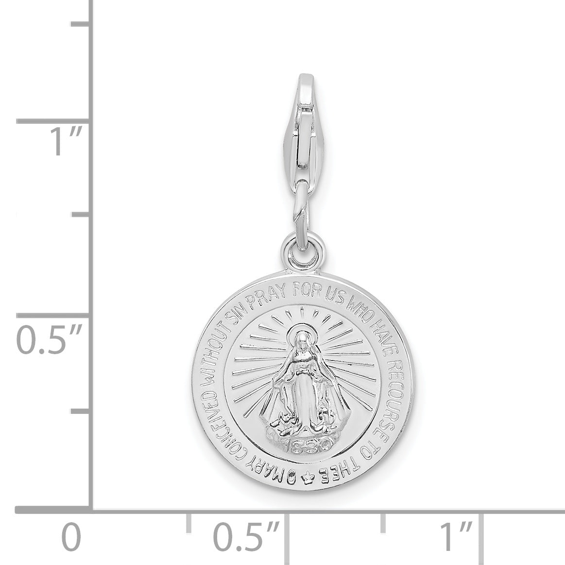 Sterling Silver Amore La Vita Rhodium-Plated Polished Miraculous Medal Charm With Fancy Lobster Clasp