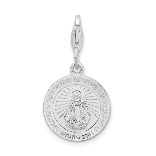 Sterling Silver Amore La Vita Rhodium-Plated Polished Miraculous Medal Charm With Fancy Lobster Clasp