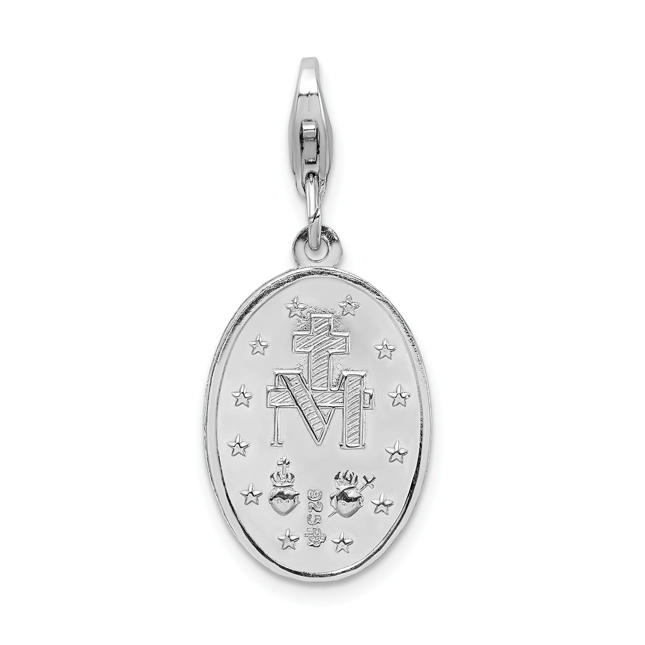 Sterling Silver Amore La Vita Rhodium-Plated Polished Miraculous Medal Charm With Fancy Lobster Clasp