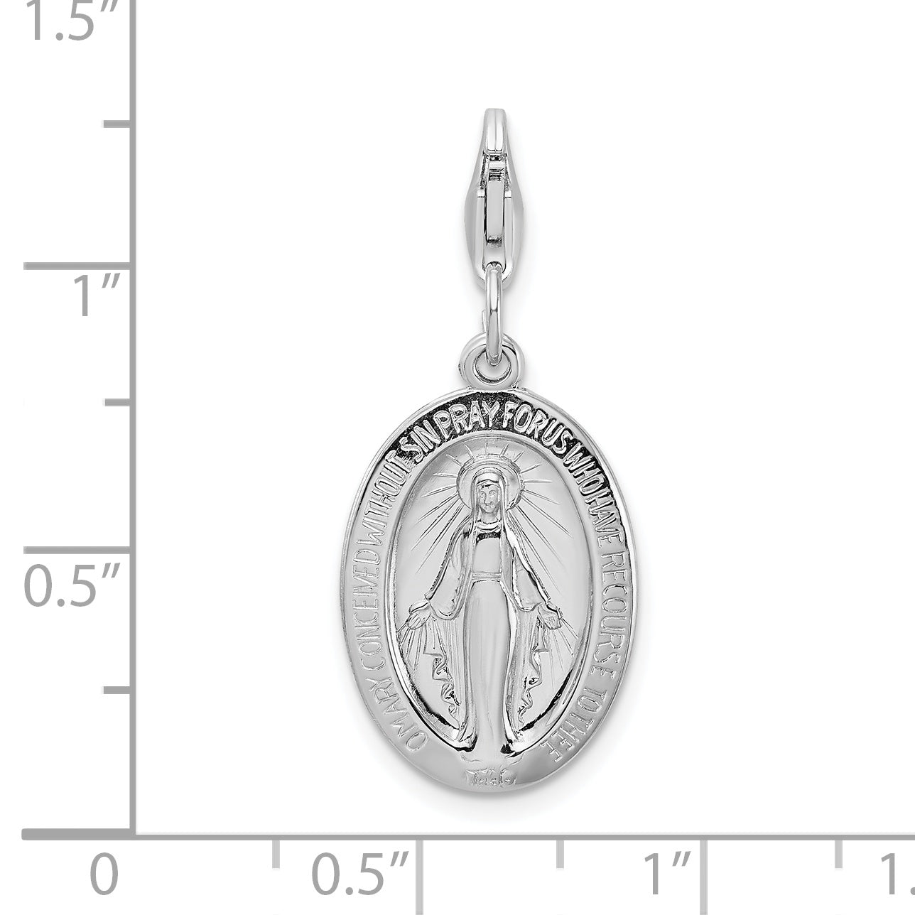 Sterling Silver Amore La Vita Rhodium-Plated Polished Miraculous Medal Charm With Fancy Lobster Clasp