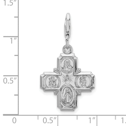 Sterling Silver Amore La Vita Rhodium-Plated Polished 4-Way Medal Charm With Fancy Lobster Clasp