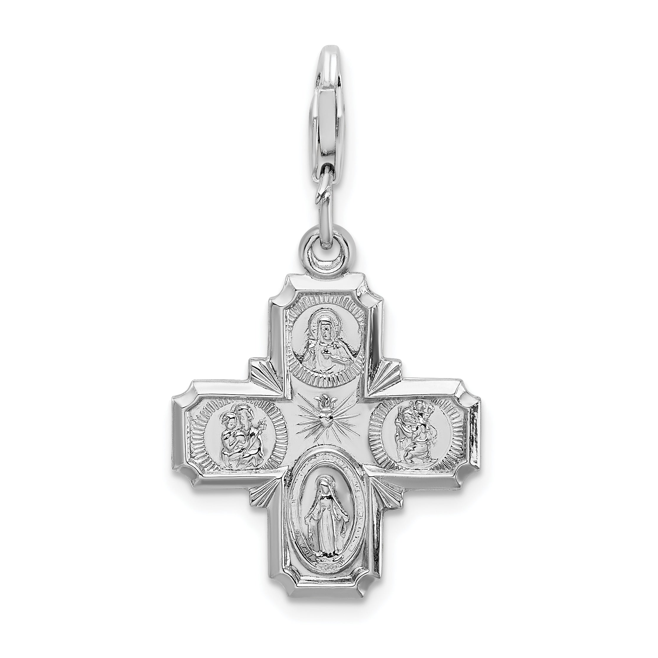 Sterling Silver Amore La Vita Rhodium-Plated Polished 4-Way Medal Charm With Fancy Lobster Clasp