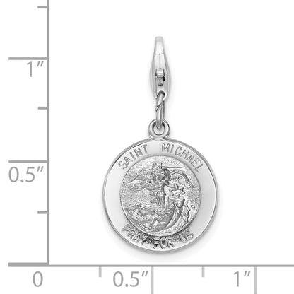 Sterling Silver Amore La Vita Rhodium-Plated Polished Saint Michael Medal Charm With Fancy Lobster Clasp
