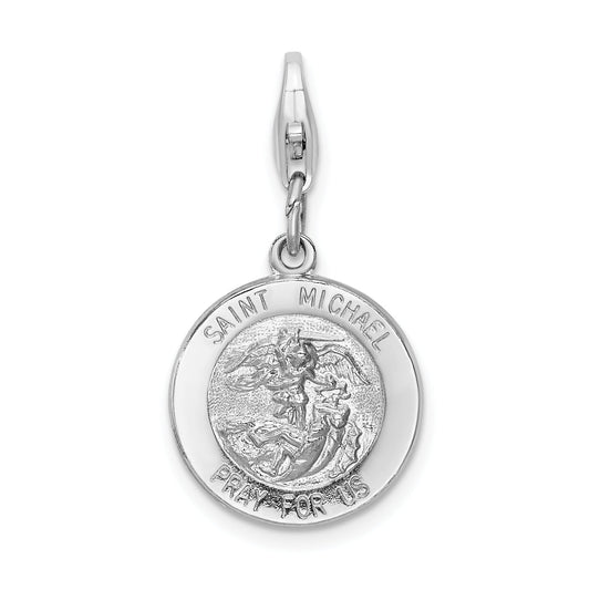 Sterling Silver Amore La Vita Rhodium-Plated Polished Saint Michael Medal Charm With Fancy Lobster Clasp