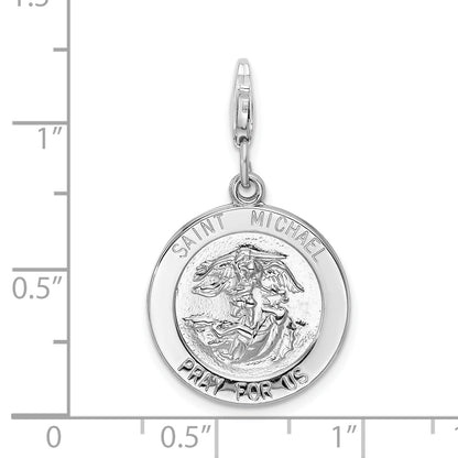 Sterling Silver Amore La Vita Rhodium-Plated Polished Saint Michael Medal Charm With Fancy Lobster Clasp