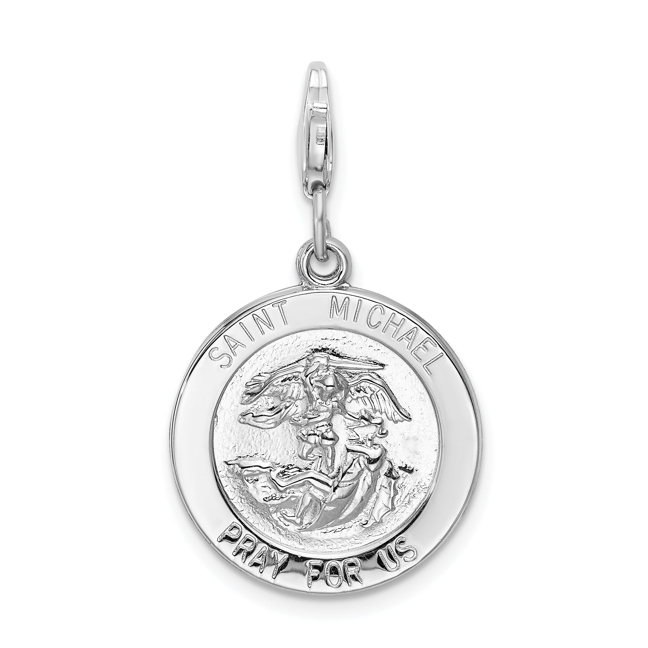 Sterling Silver Amore La Vita Rhodium-Plated Polished Saint Michael Medal Charm With Fancy Lobster Clasp