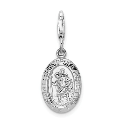 Sterling Silver Amore La Vita Rhodium-Plated Polished Saint Christopher Medal Charm With Fancy Lobster Clasp