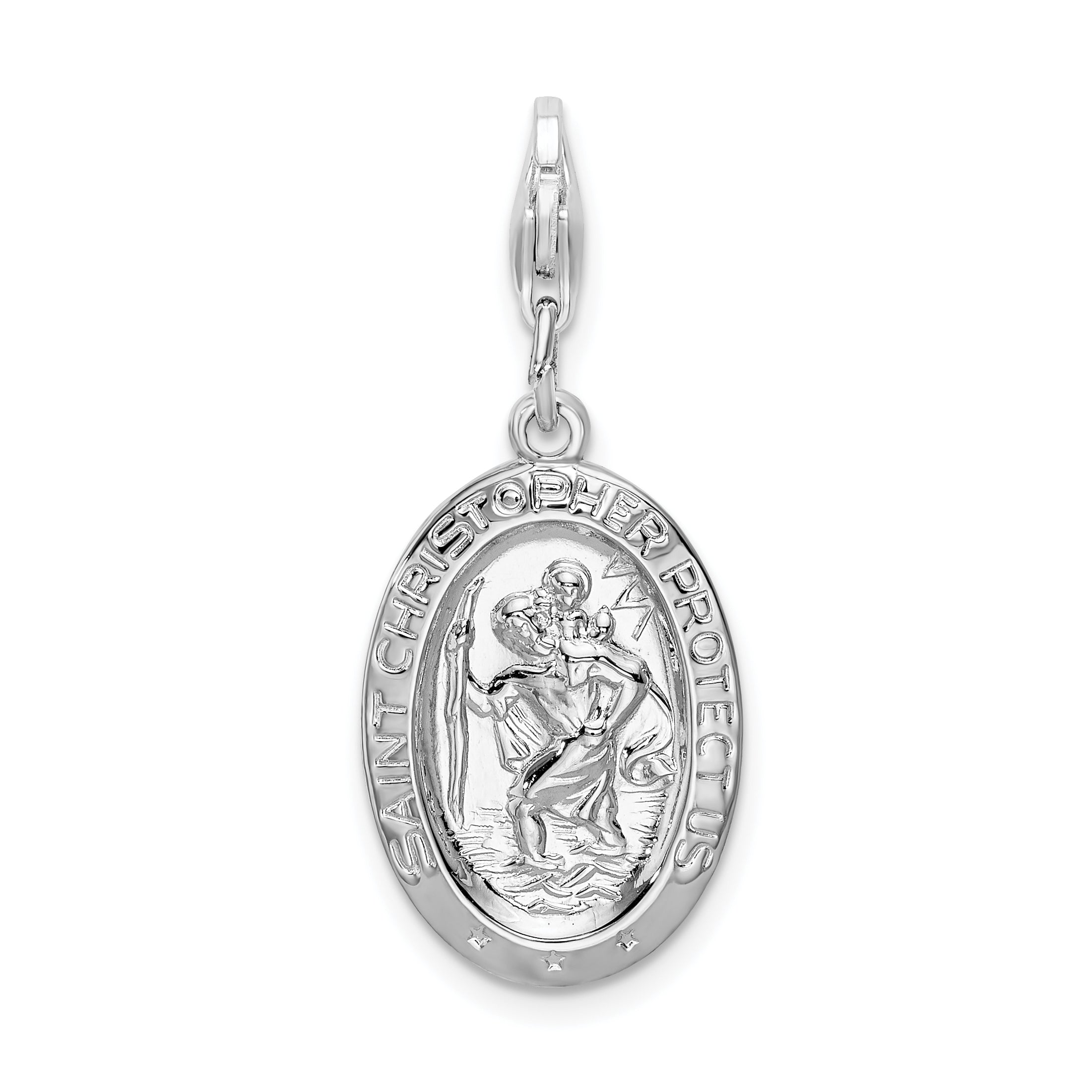Sterling Silver Amore La Vita Rhodium-Plated Polished Saint Christopher Medal Charm With Fancy Lobster Clasp