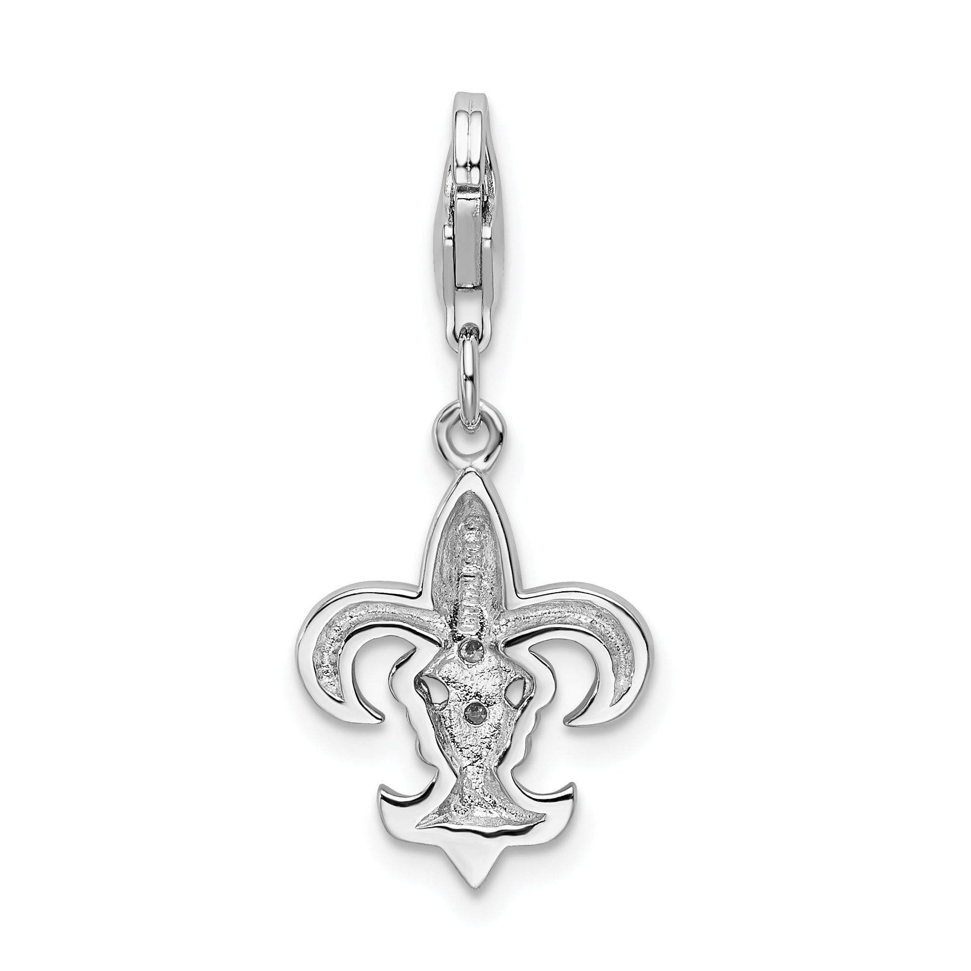 Sterling Silver Amore La Vita Rhodium-Plated Polished Cz Fleur De Lis Charm With Fancy Lobster Clasp
