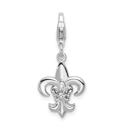 Sterling Silver Amore La Vita Rhodium-Plated Polished Cz Fleur De Lis Charm With Fancy Lobster Clasp