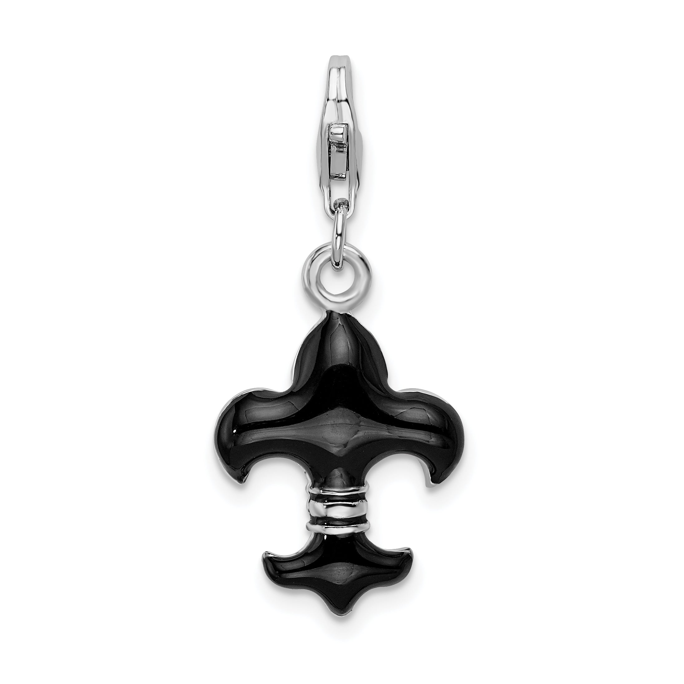 Sterling Silver Ss Rh Black Enameled Fleur De Lis W/Lobster Clasp Charm