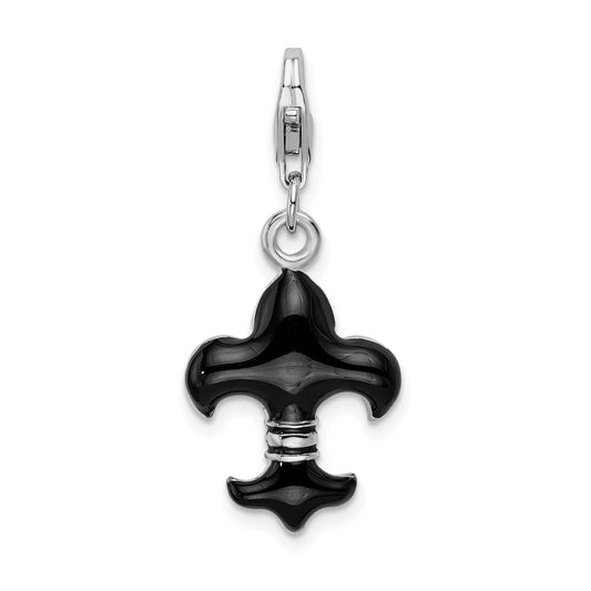 Sterling Silver Ss Rh Black Enameled Fleur De Lis W/Lobster Clasp Charm