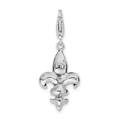 Sterling Silver Polished Cz Fleur De Lis W/ Lobster Clasp Charm