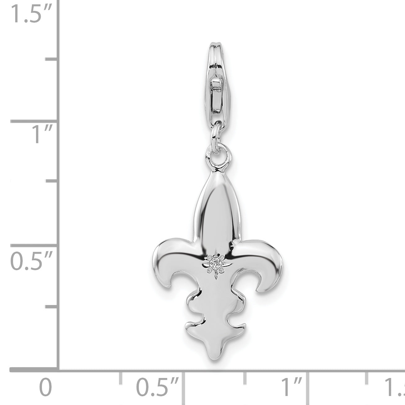 Sterling Silver Polished Cz Fleur De Lis W/ Lobster Clasp Charm