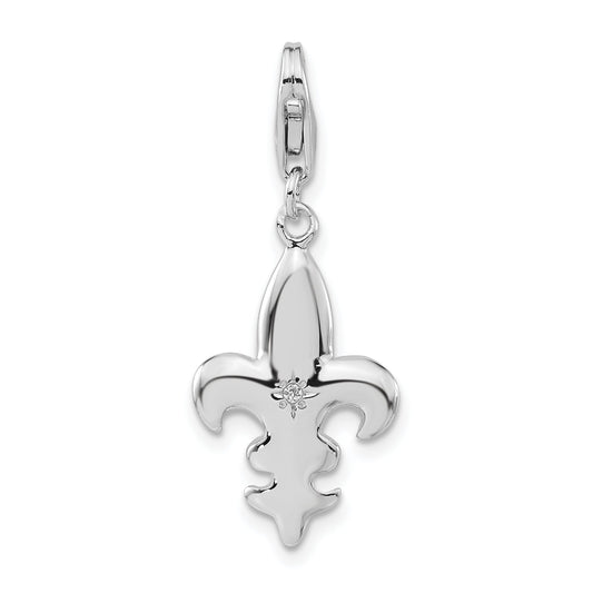 Sterling Silver Polished Cz Fleur De Lis W/ Lobster Clasp Charm