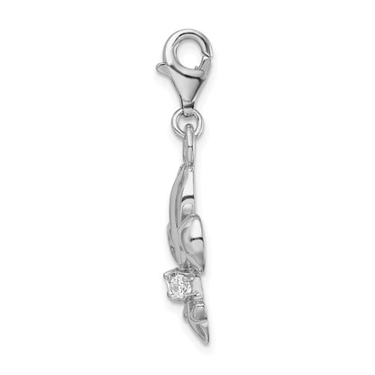 Sterling Silver Amore La Vita Rhodium-Plated Polished Cz Fleur De Lis Charm With Fancy Lobster Clasp