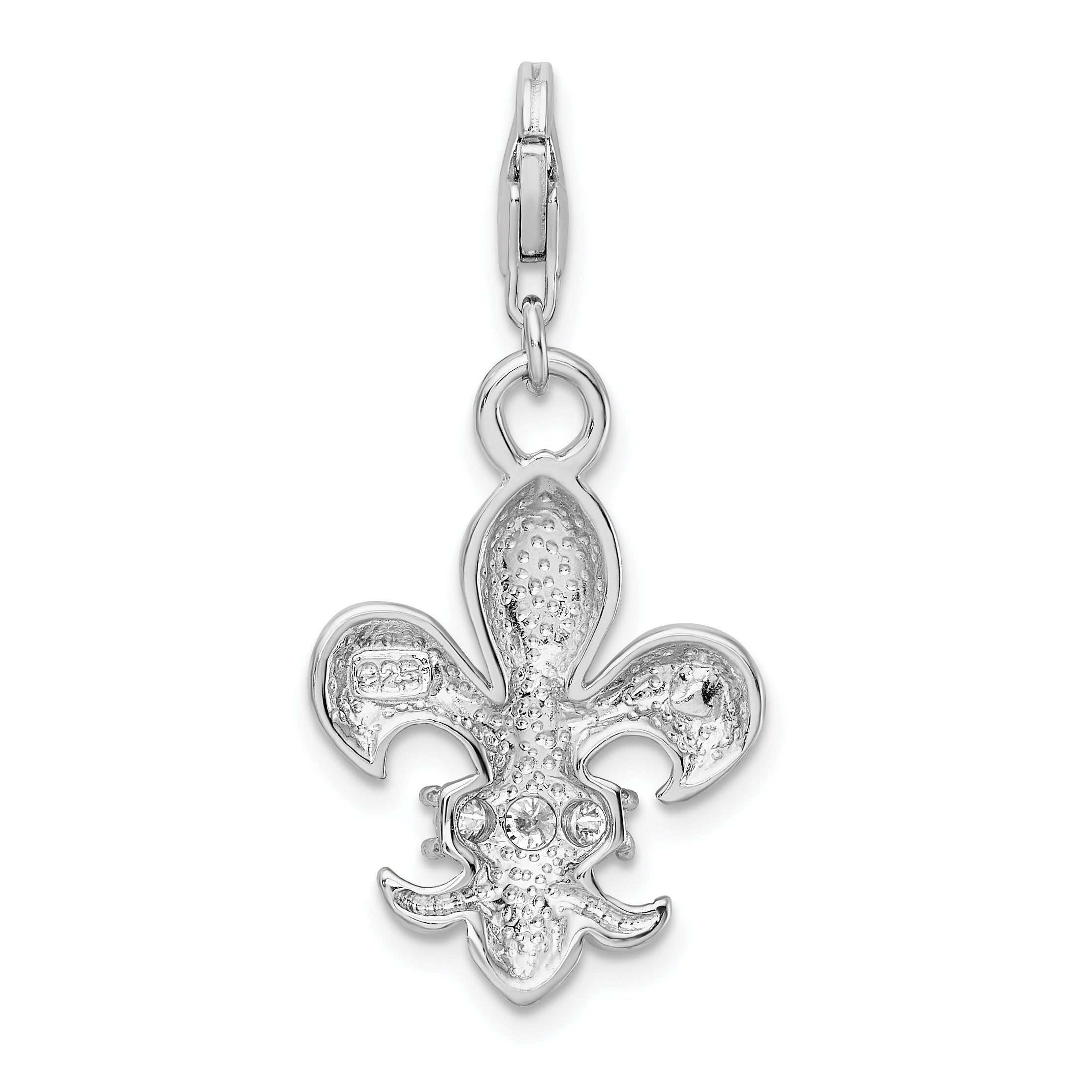 Sterling Silver Amore La Vita Rhodium-Plated Polished Cz Fleur De Lis Charm With Fancy Lobster Clasp