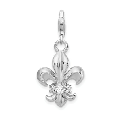 Sterling Silver Amore La Vita Rhodium-Plated Polished Cz Fleur De Lis Charm With Fancy Lobster Clasp