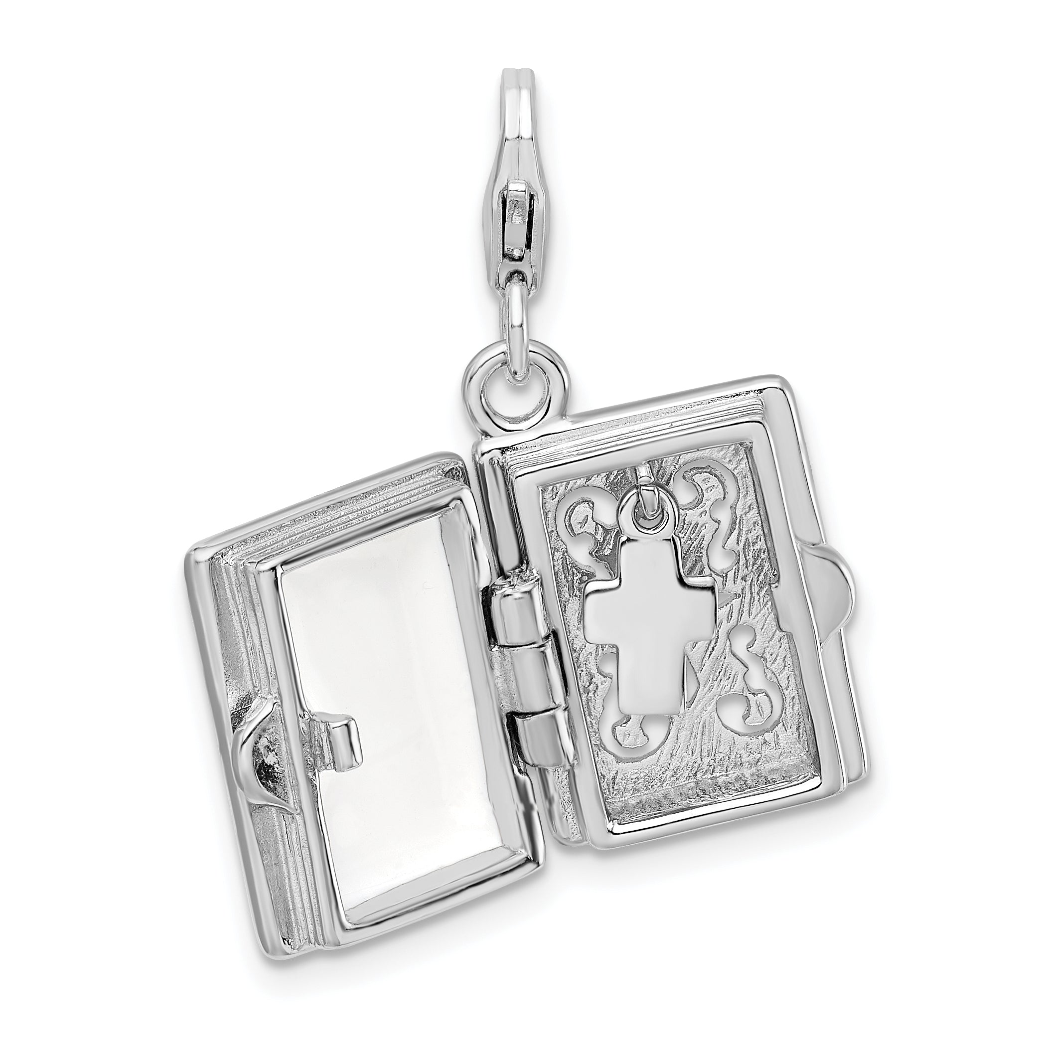 Sterling Silver Amore La Vita Rhodium-Plated Polished 3-D Moveable Enameled Bible Charm With Fancy Lobster Clasp