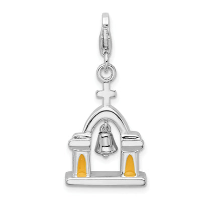 Sterling Silver Amore La Vita Rhodium-Plated Polished 3-D Enameled Church With Moving Bell Charm Fancy Lobster Clasp