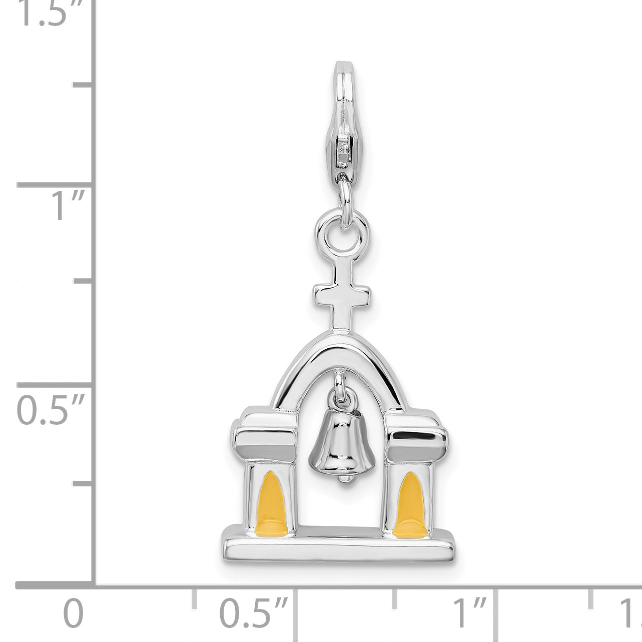 Sterling Silver Amore La Vita Rhodium-Plated Polished 3-D Enameled Church With Moving Bell Charm Fancy Lobster Clasp