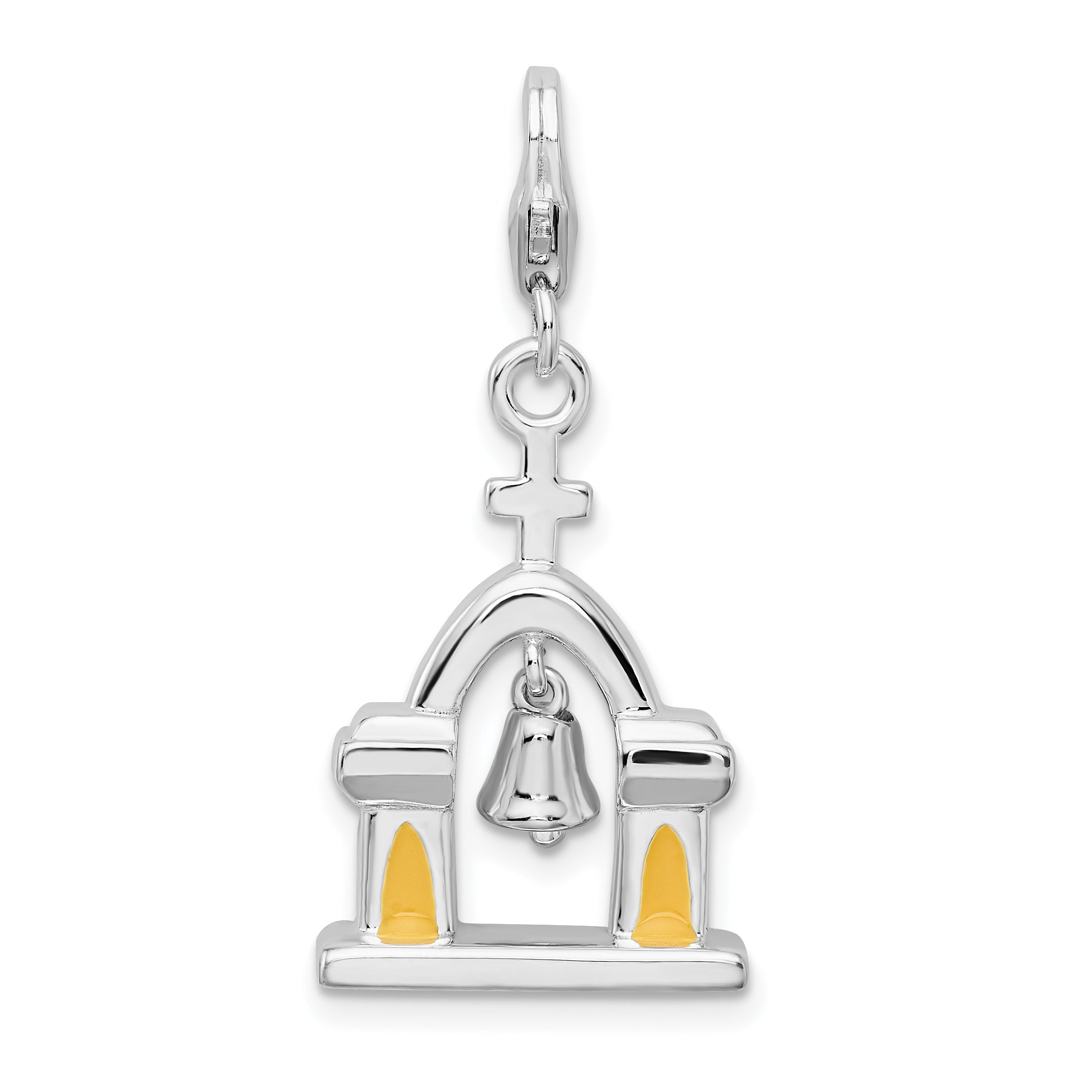 Sterling Silver Amore La Vita Rhodium-Plated Polished 3-D Enameled Church With Moving Bell Charm Fancy Lobster Clasp