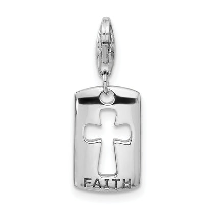 Sterling Silver Amore La Vita Rhodium-Plated Polished Reversible Cz Cut-Out Cross Faith Clip-On Charm With Fancy Lobster Clasp