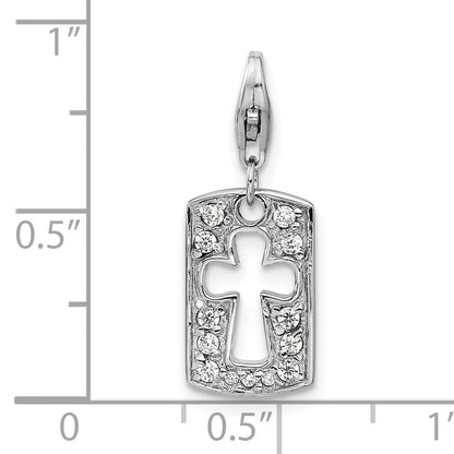 Sterling Silver Amore La Vita Rhodium-Plated Polished Reversible Cz Cut-Out Cross Faith Clip-On Charm With Fancy Lobster Clasp