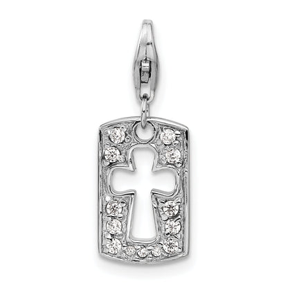 Sterling Silver Amore La Vita Rhodium-Plated Polished Reversible Cz Cut-Out Cross Faith Clip-On Charm With Fancy Lobster Clasp