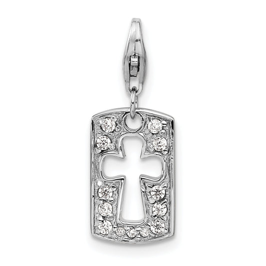 Sterling Silver Amore La Vita Rhodium-Plated Polished Reversible Cz Cut-Out Cross Faith Clip-On Charm With Fancy Lobster Clasp