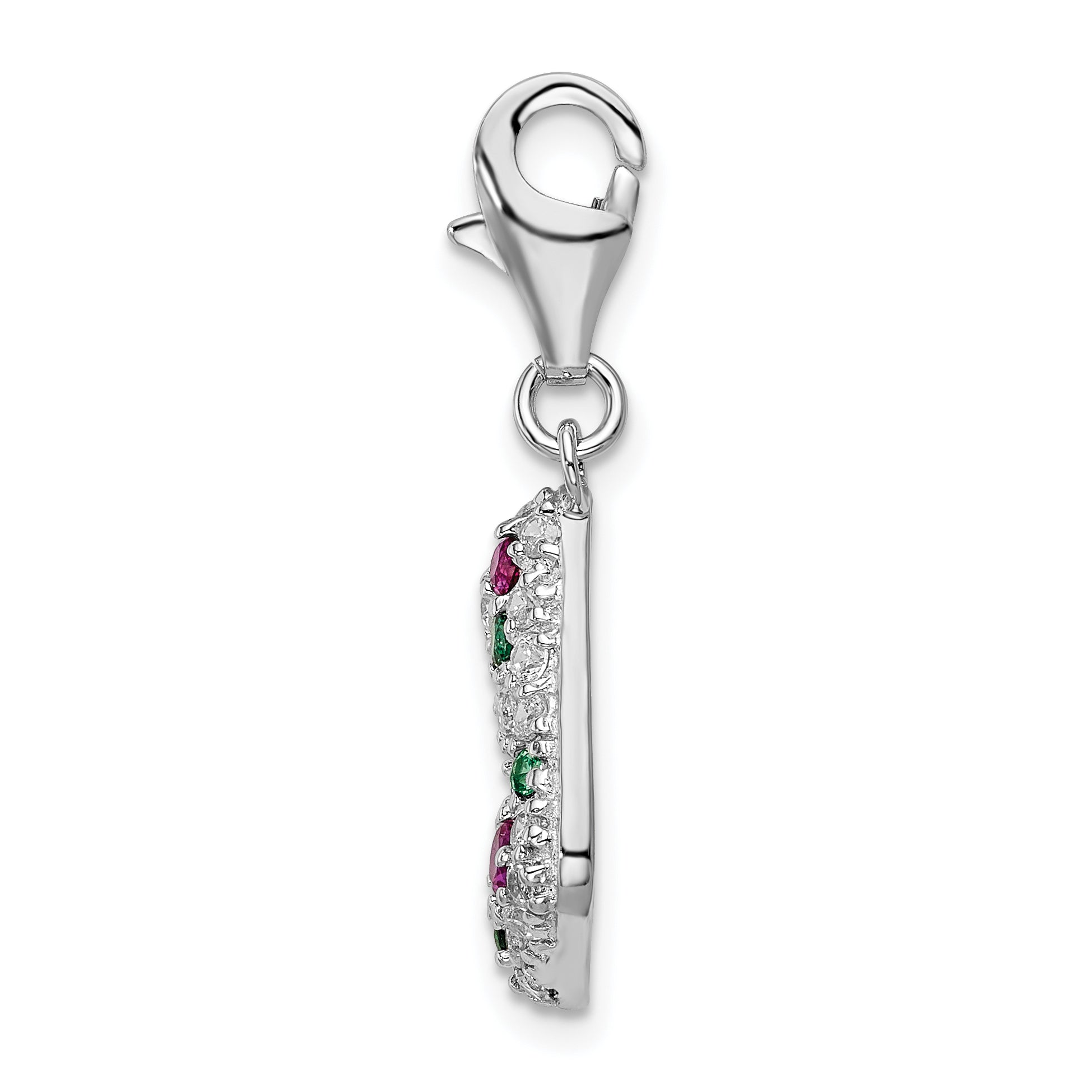 Sterling Silver Amore La Vita Rhodium-Plated Polished Green Red And White Cz Stocking Charm With Fancy Lobster Clasp