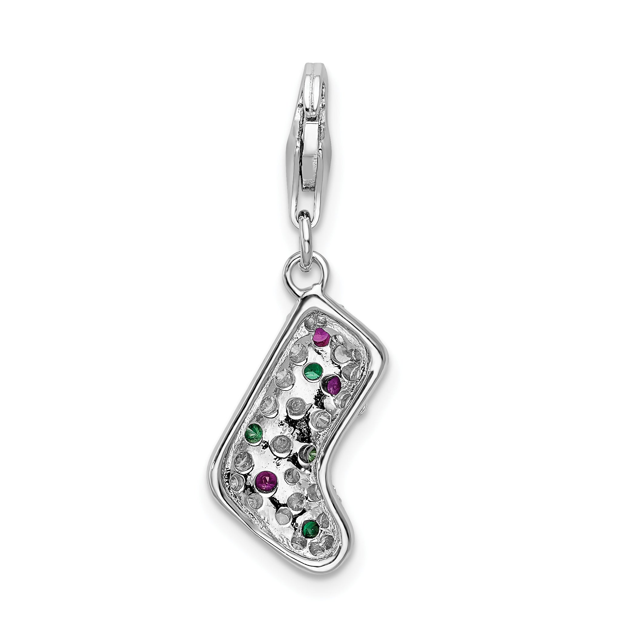 Sterling Silver Amore La Vita Rhodium-Plated Polished Green Red And White Cz Stocking Charm With Fancy Lobster Clasp