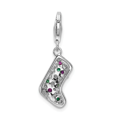 Sterling Silver Amore La Vita Rhodium-Plated Polished Green Red And White Cz Stocking Charm With Fancy Lobster Clasp