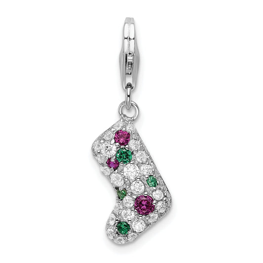 Sterling Silver Amore La Vita Rhodium-Plated Polished Green Red And White Cz Stocking Charm With Fancy Lobster Clasp