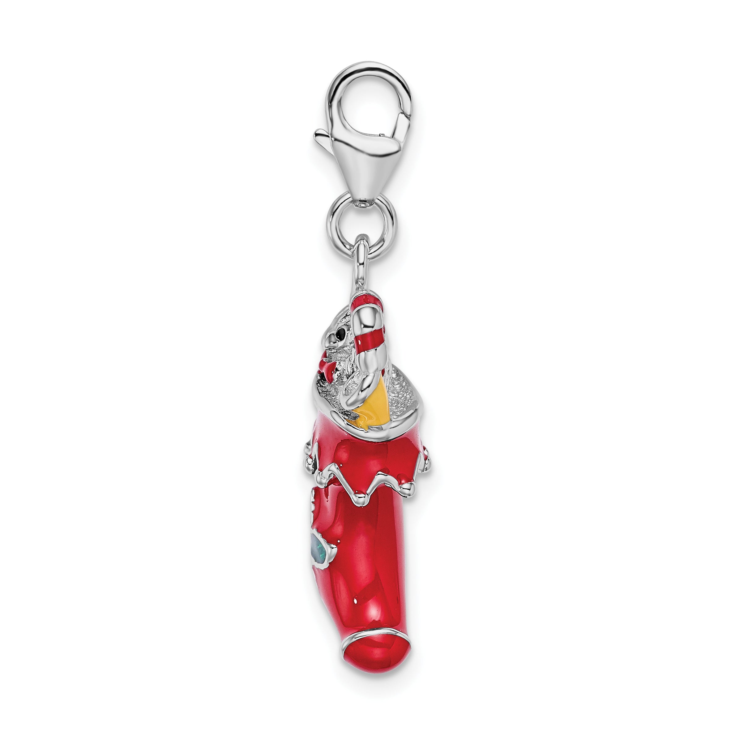 Sterling Silver Amore La Vita Rhodium-Plated Polished 3-D Red Enameled Holiday Stocking Charm With Fancy Lobster Clasp