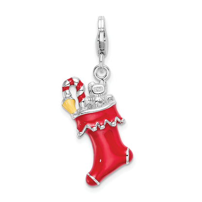 Sterling Silver Amore La Vita Rhodium-Plated Polished 3-D Red Enameled Holiday Stocking Charm With Fancy Lobster Clasp