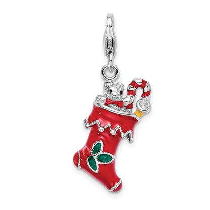 Sterling Silver Amore La Vita Rhodium-Plated Polished 3-D Red Enameled Holiday Stocking Charm With Fancy Lobster Clasp