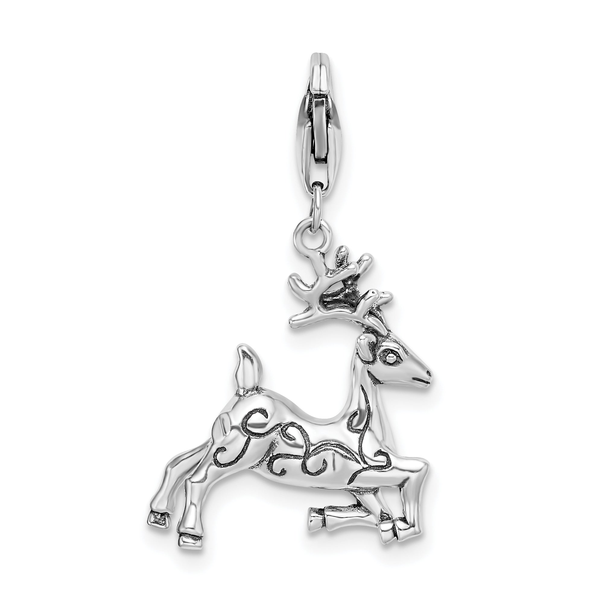 Sterling Silver Amore La Vita 3-D Polished Reindeer Charm With Fancy Lobster Clasp