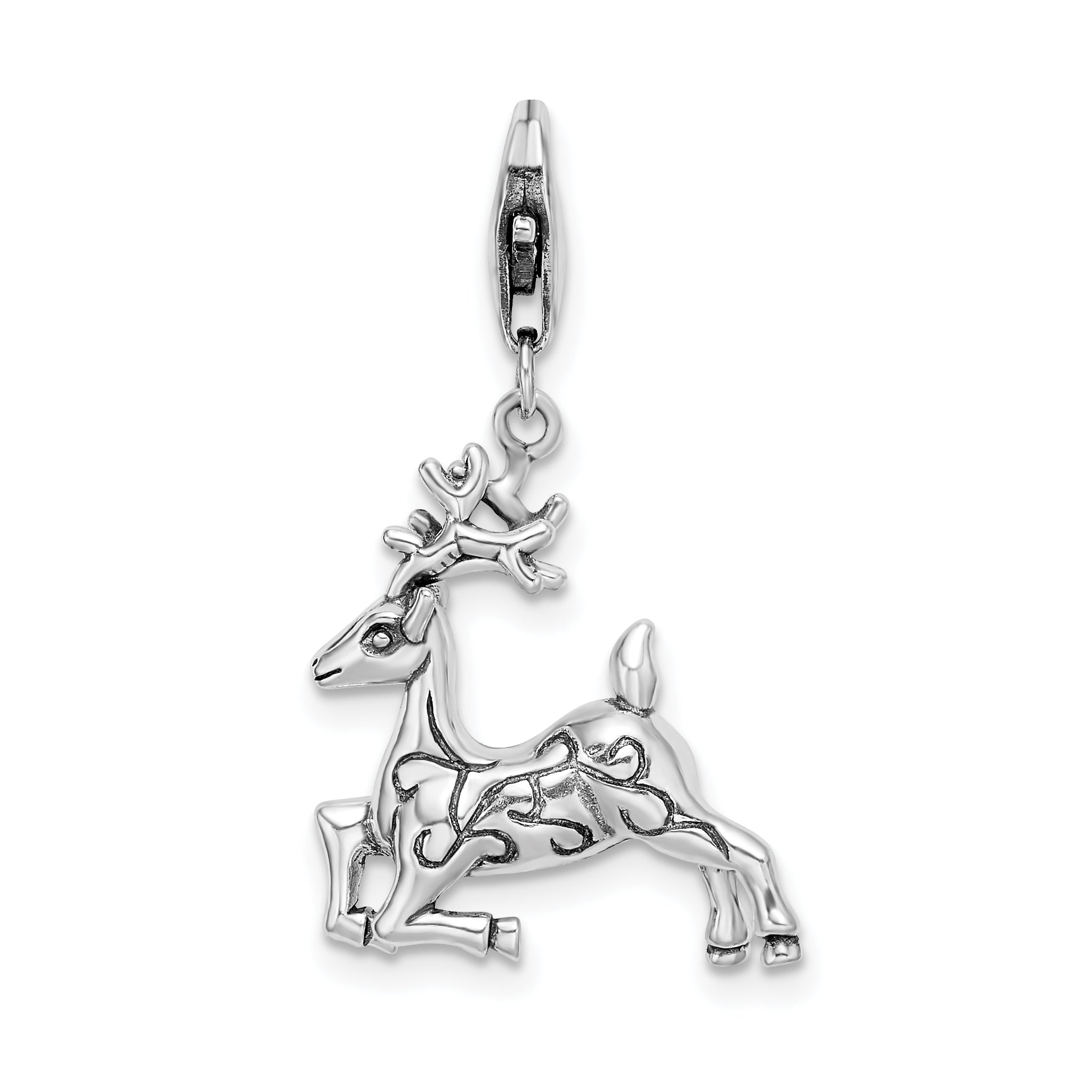 Sterling Silver Amore La Vita 3-D Polished Reindeer Charm With Fancy Lobster Clasp