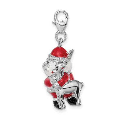 Sterling Silver Amore La Vita Rhodium-Plated Polished 3-D Enameled Santa And Reindeer Charm With Fancy Lobster Clasp
