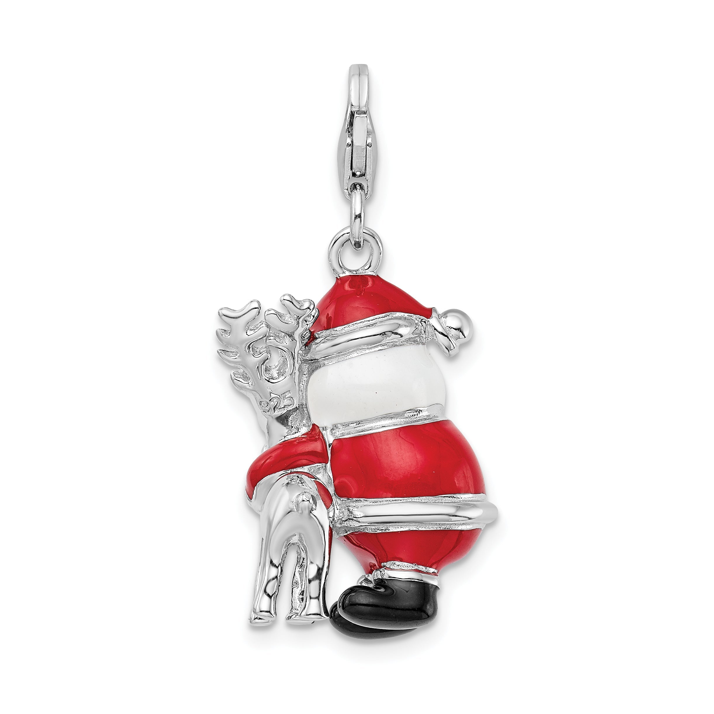 Sterling Silver Amore La Vita Rhodium-Plated Polished 3-D Enameled Santa And Reindeer Charm With Fancy Lobster Clasp
