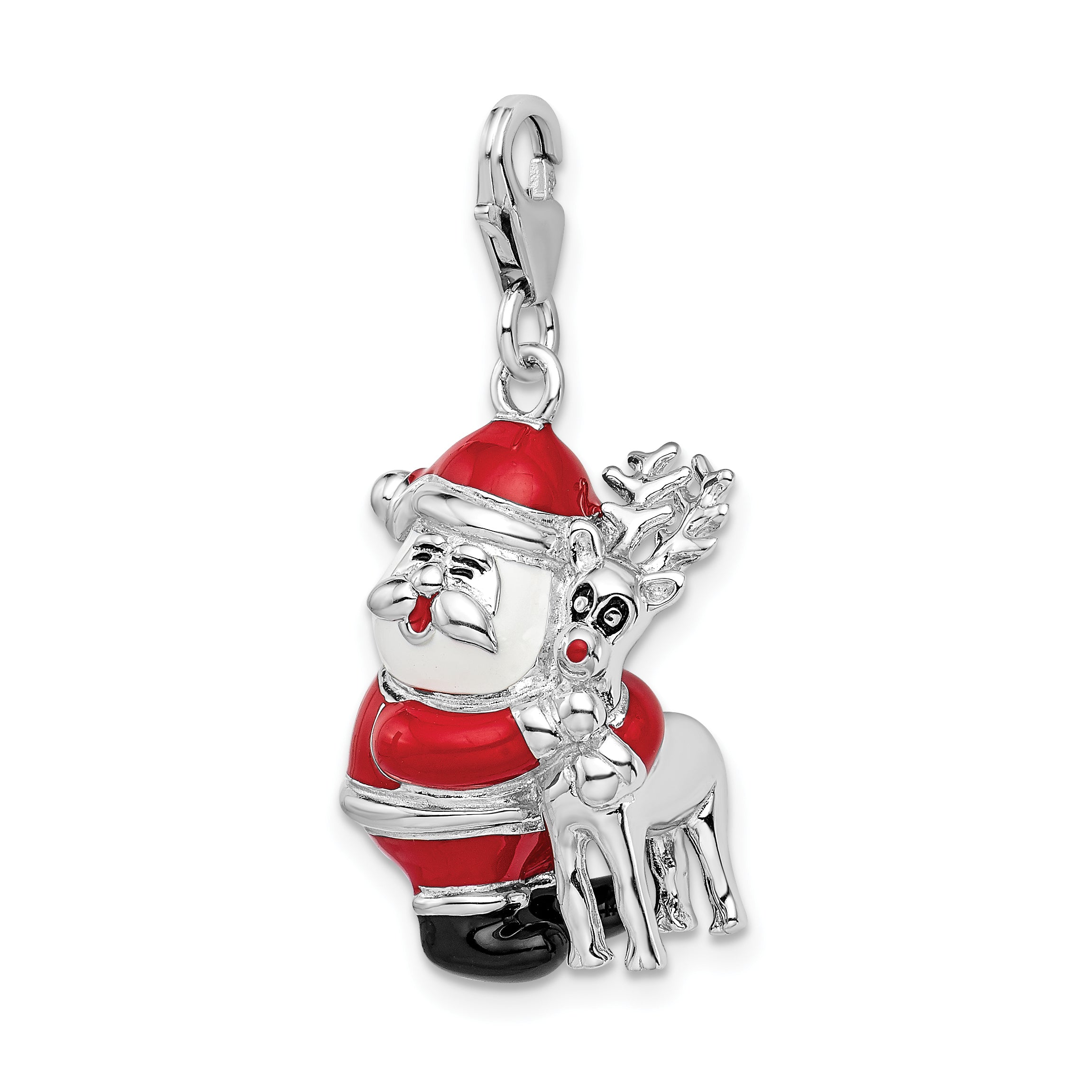 Sterling Silver Amore La Vita Rhodium-Plated Polished 3-D Enameled Santa And Reindeer Charm With Fancy Lobster Clasp