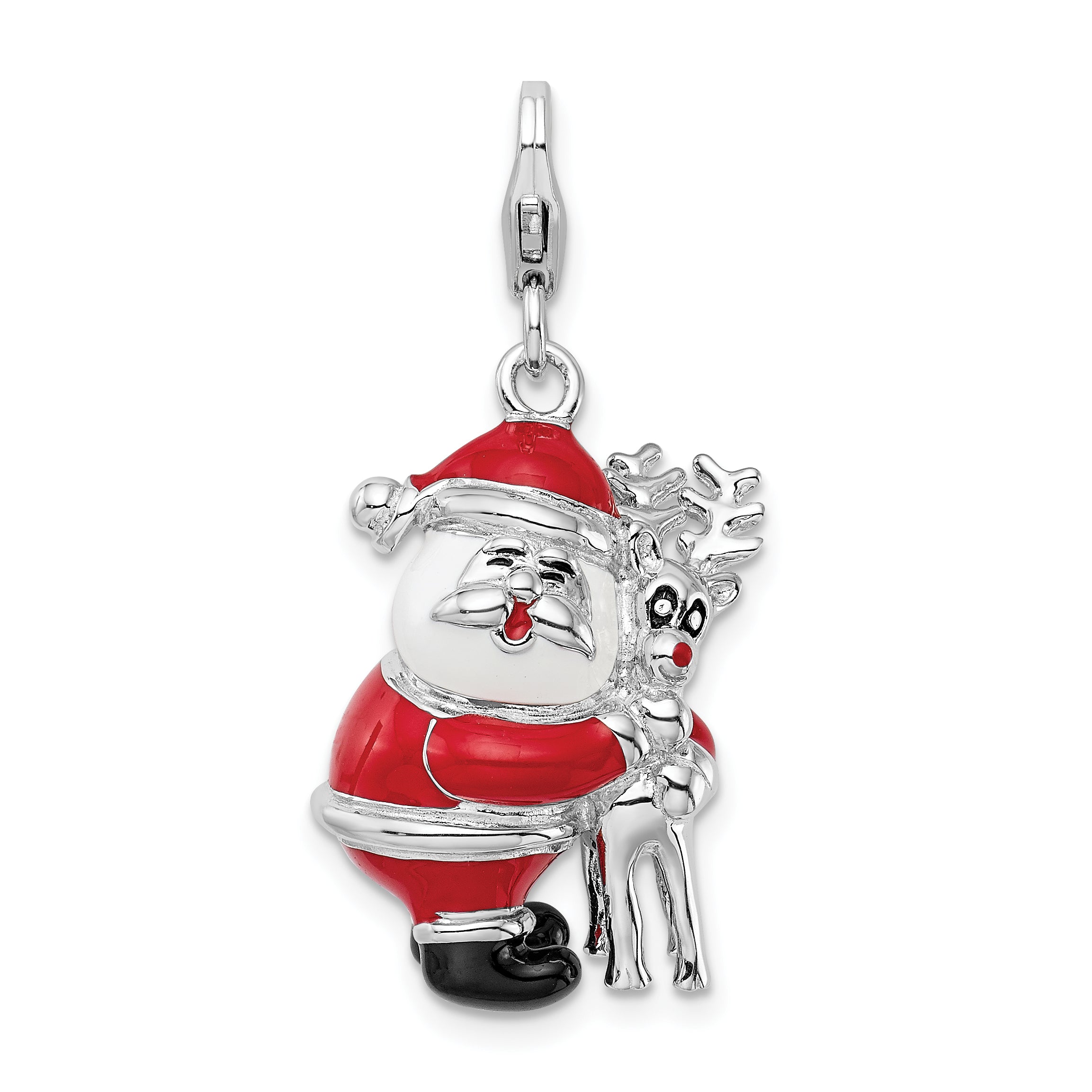 Sterling Silver Amore La Vita Rhodium-Plated Polished 3-D Enameled Santa And Reindeer Charm With Fancy Lobster Clasp
