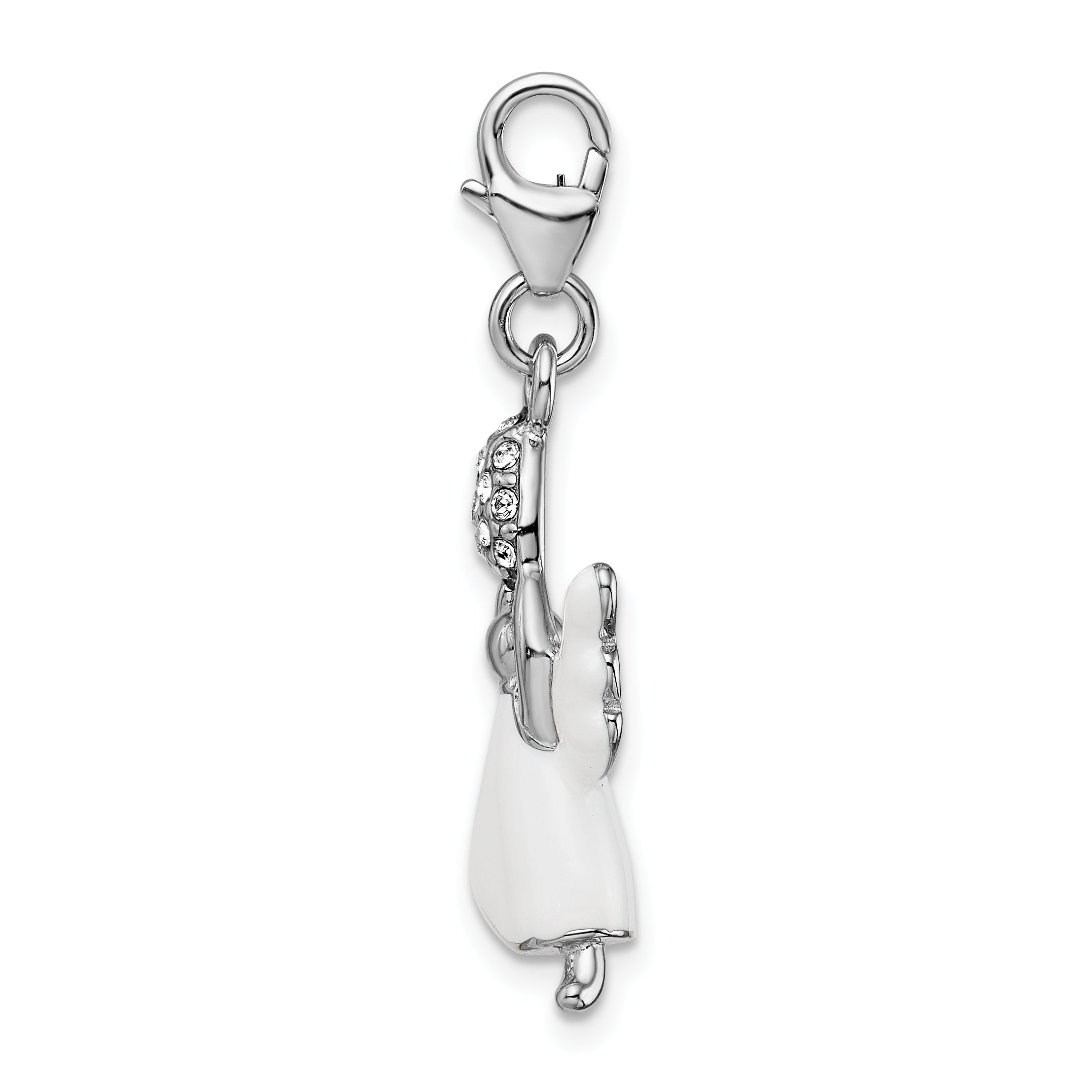 Sterling Silver Amore La Vita Rhodium-Plated Polished 3-D White Enameled Crystal From Swarovski Angel Charm With Fancy Lobster Clasp